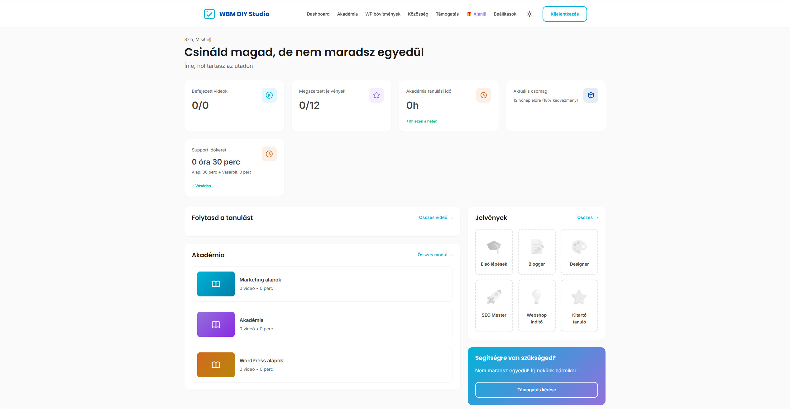 Oktató felület dashboard
